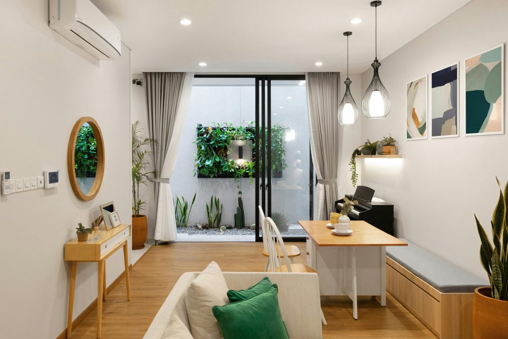 Contemporary living room showcasing modern interior design with a touch of greenery.